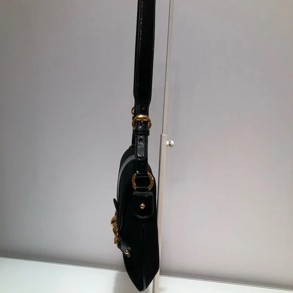 GUCCI Suede Black Handbag with Black Patent Leather Shoulder Strap - Picture 6 of 16
